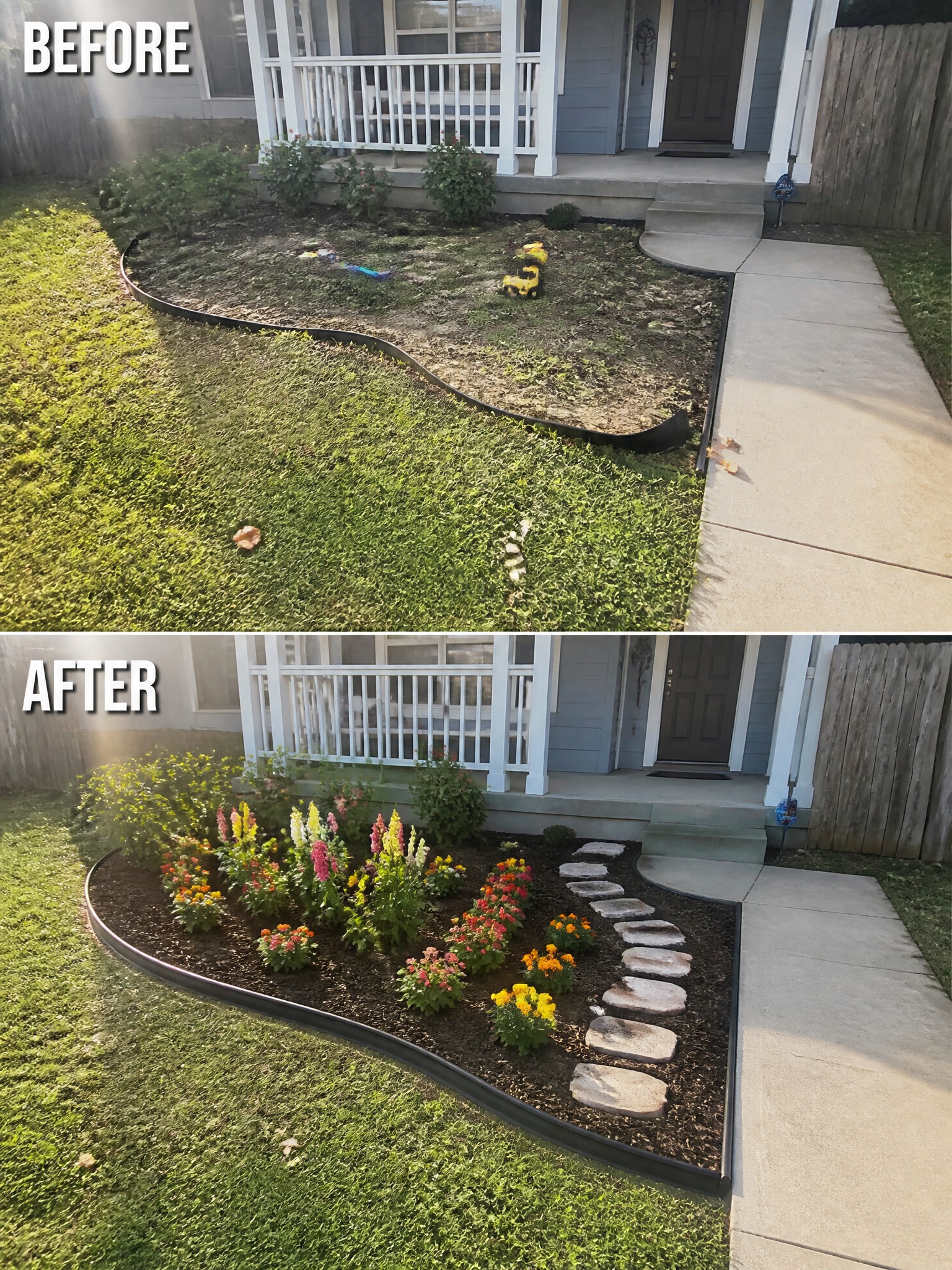 Before-and-after image of an overgrown front yard flower bed transformed into a neat mulched garden with edging, colorful flowers, and stepping stones.