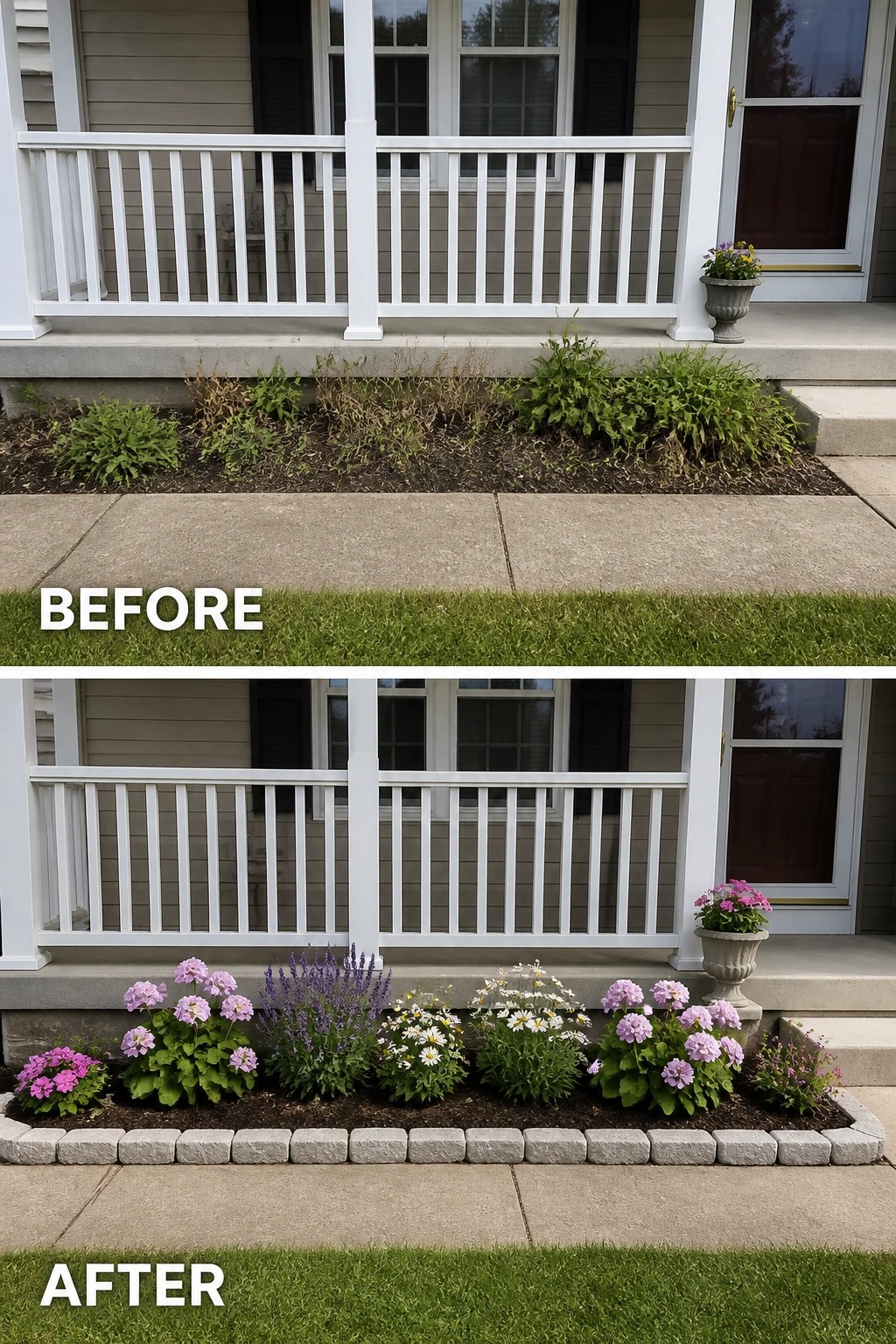 Before-and-after porch garden bed with pink, purple and white flowers.