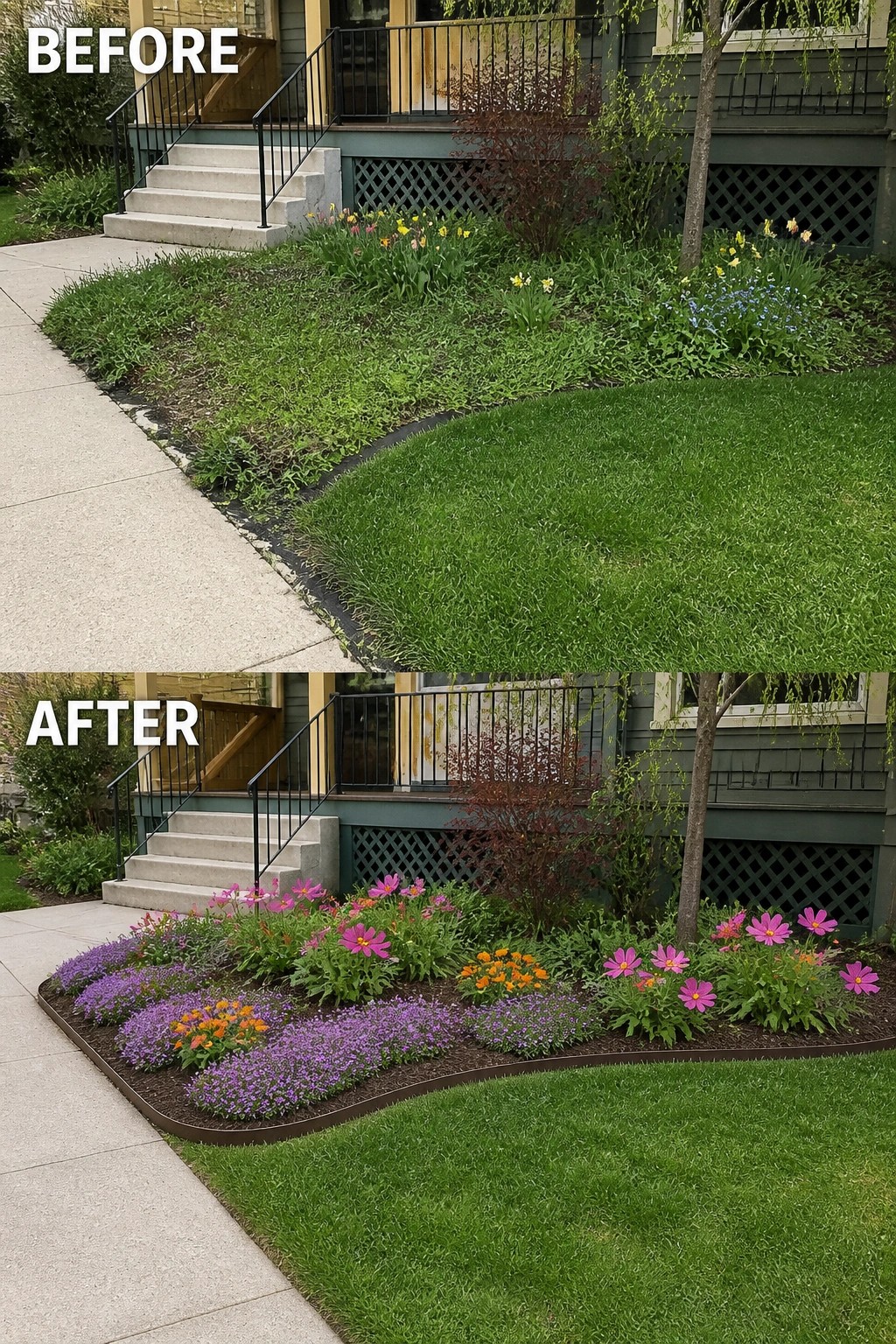 Before and after of house garden with colorful flowerbed and manicured lawn.