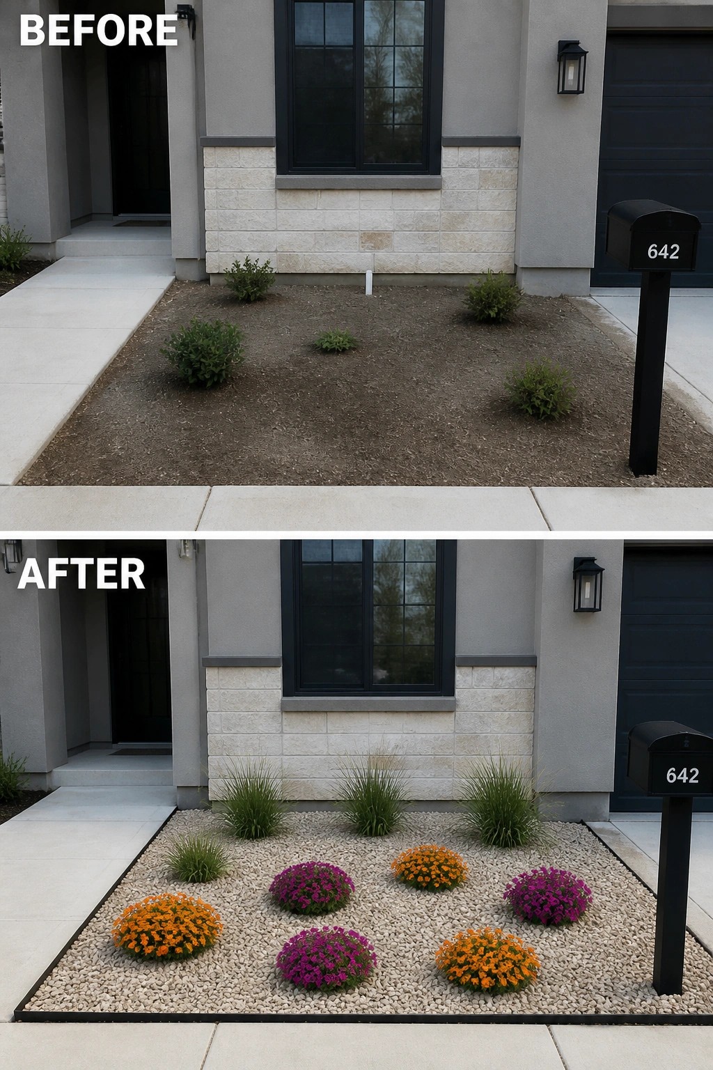 Before-and-after image of a bare front yard bed changed into a gravel-covered flower bed with black edging and arranged plants.