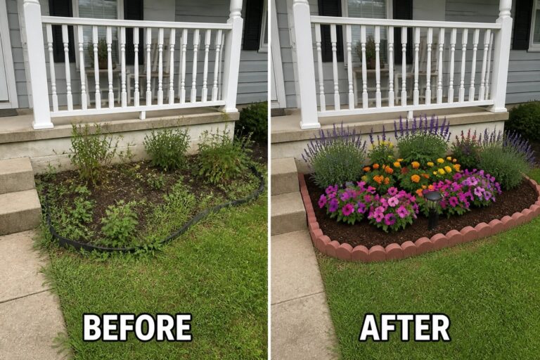 Before-and-after image of an overgrown foundation area changed into a colorful flower bed with fresh edging and mulch.