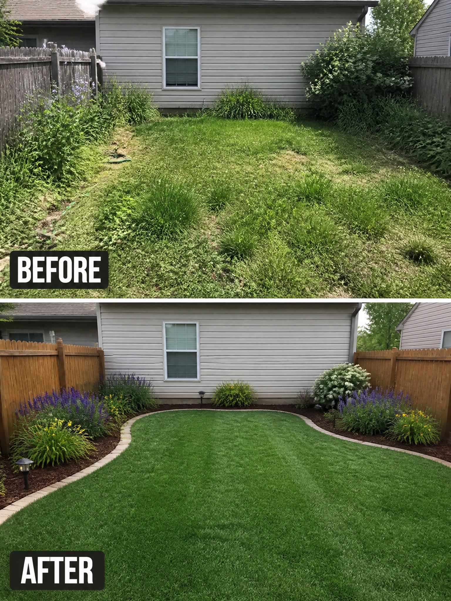 Before and after backyard: patchy grass transformed into lush lawn with flower beds