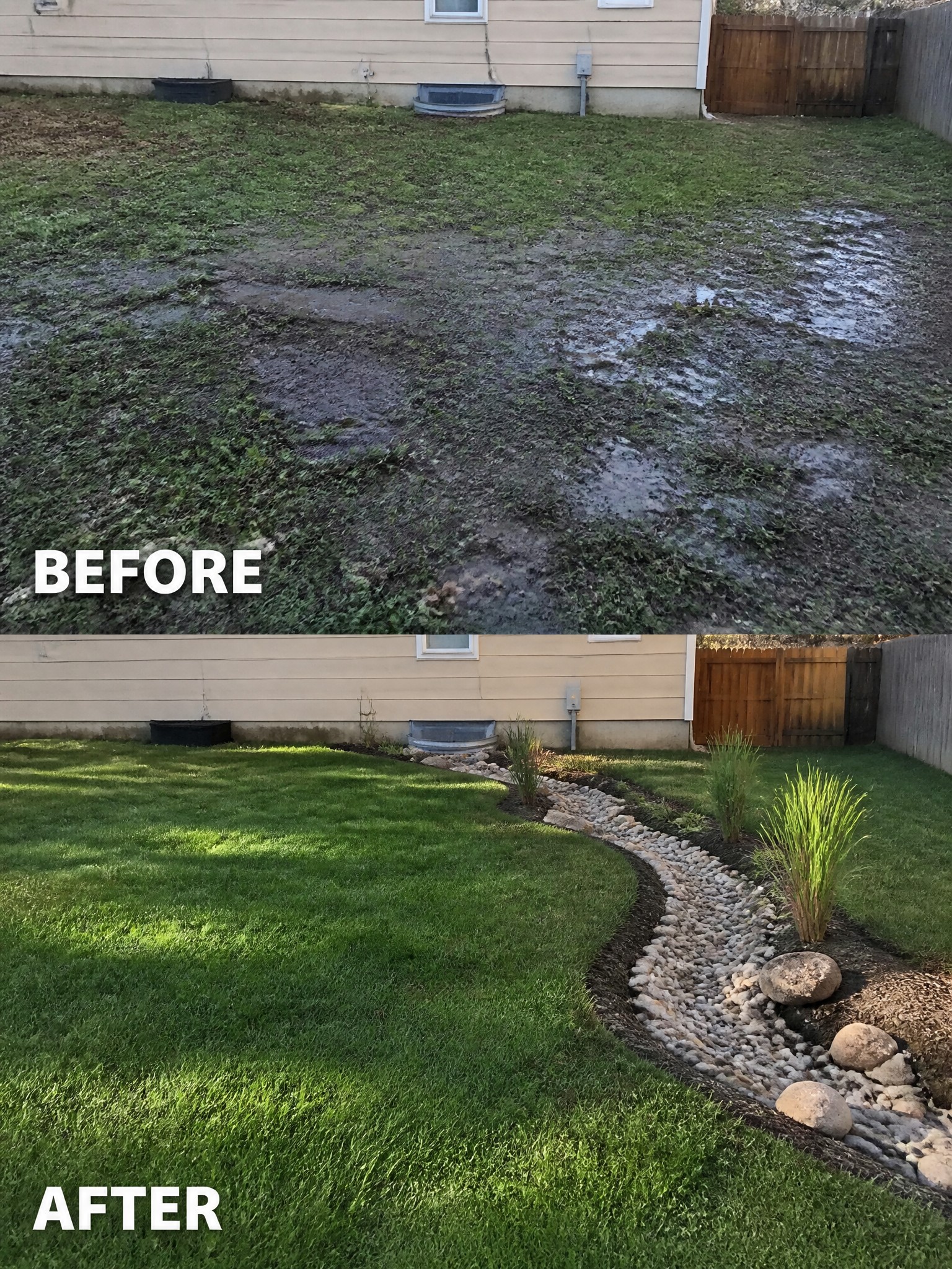 Backyard before: muddy patchy grass; after: green lawn with rock bed and plants.