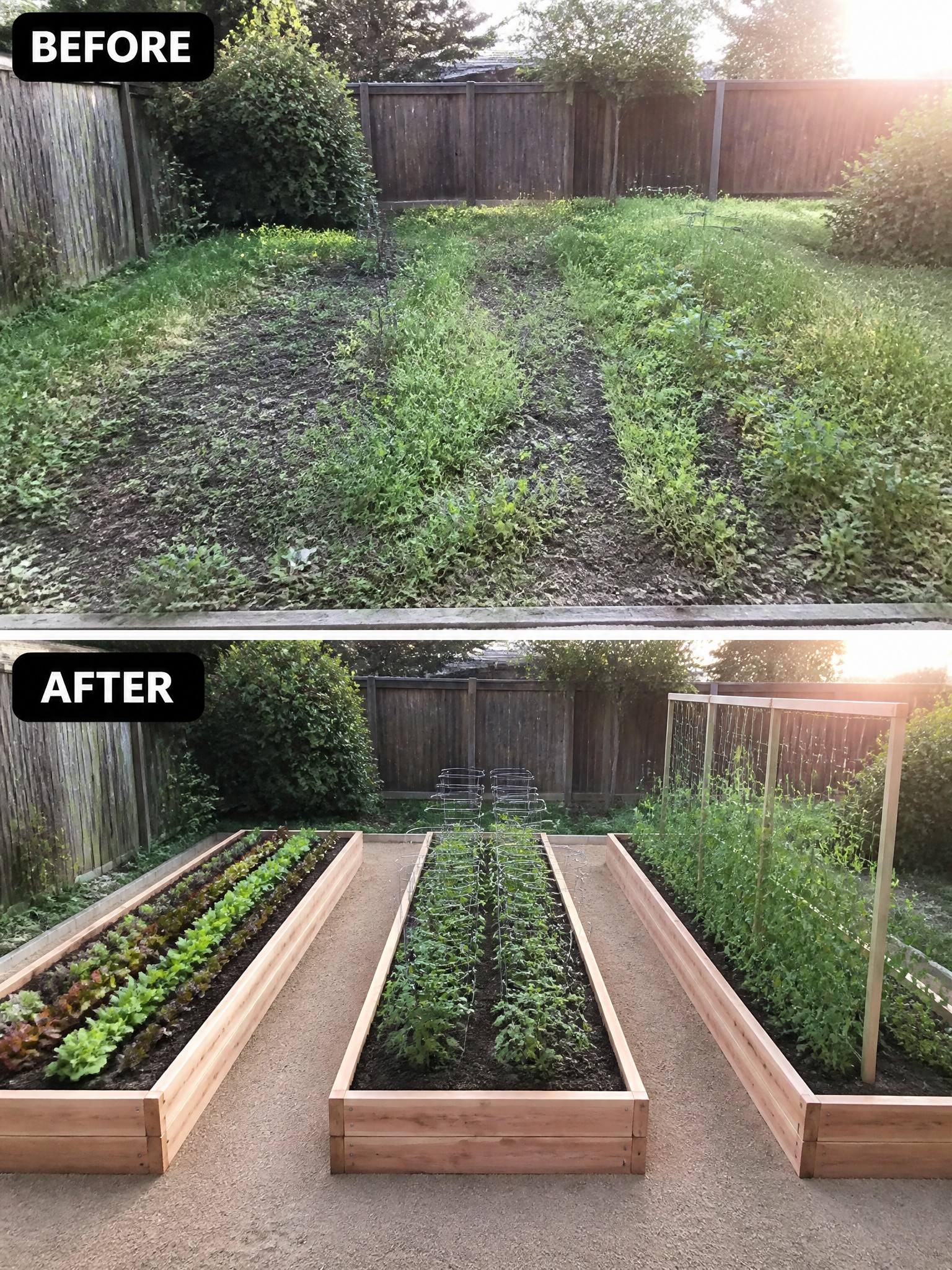 Before-and-after image of an overgrown backyard changed into a vegetable garden with raised wooden beds, trellises, and gravel paths.