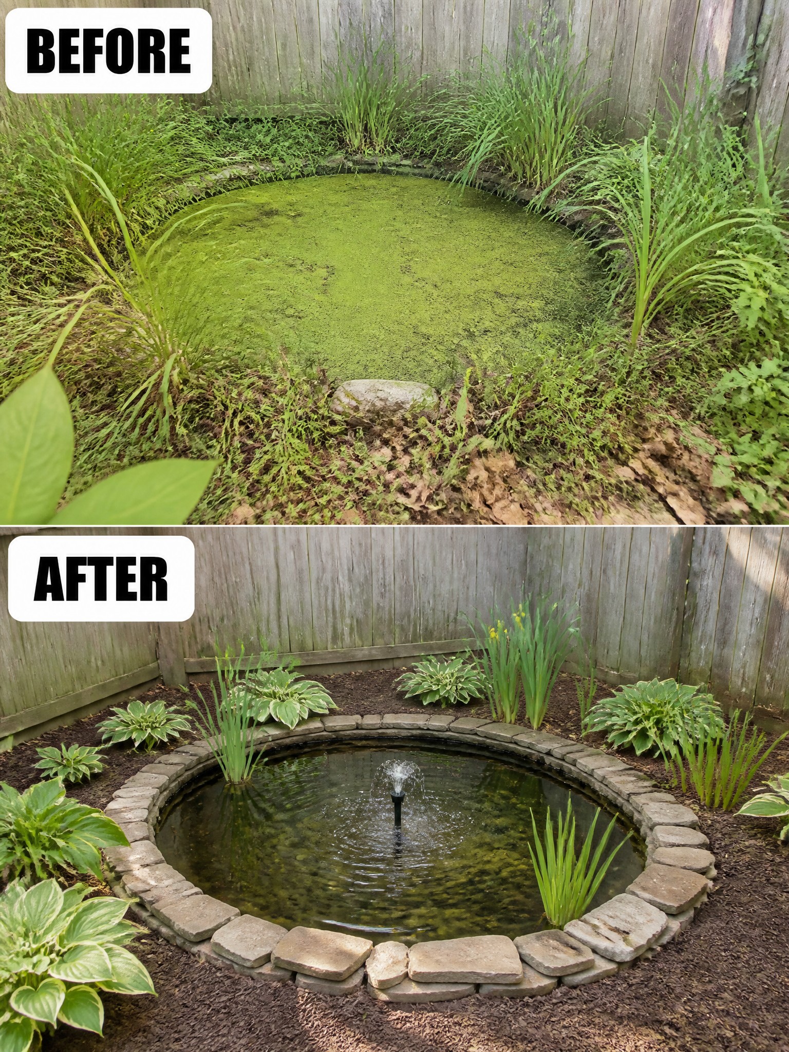 Before and after of algae-covered pond restored with fountain, stone border, and hostas.