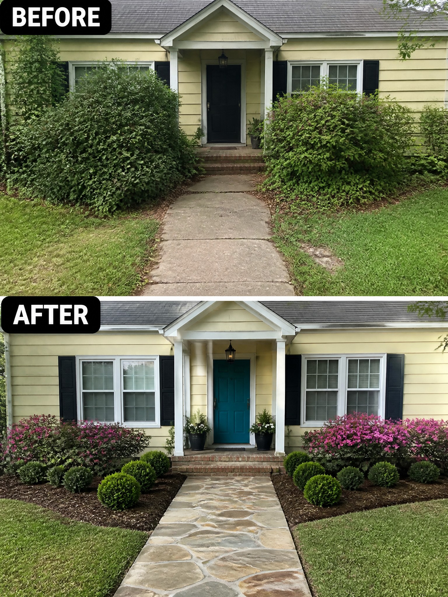 Yellow house before and after with new stone path, flowers, and teal door