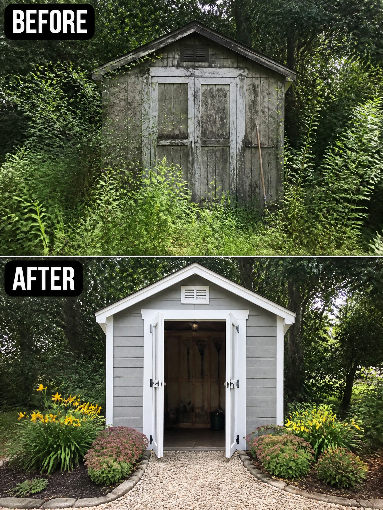 Before and after of weathered shed restored with gray paint, white trim, and landscaping.