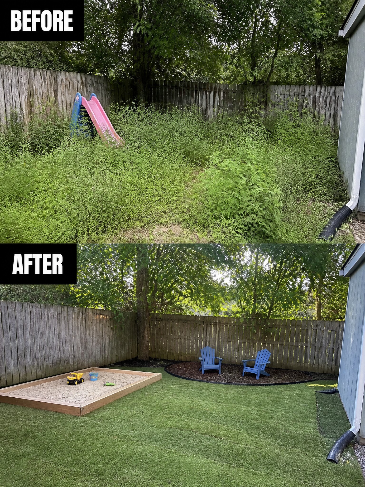 Before-and-after image of an overgrown backyard changed into a clean lawn with a wooden sandbox and a mulch seating area with two blue chairs.