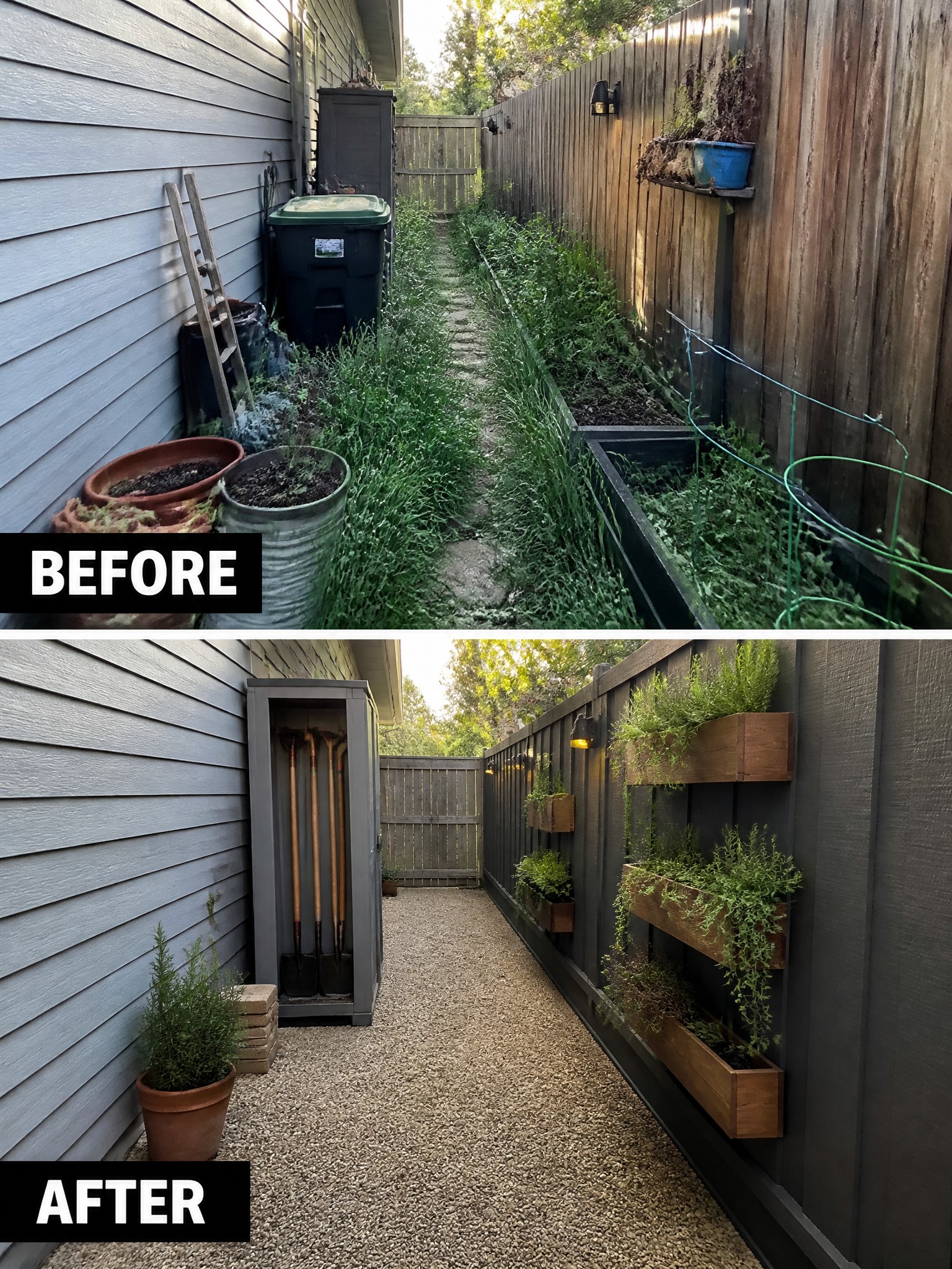 Before-and-after of cluttered yard path transformed into tidy gravel walkway with vertical planters.