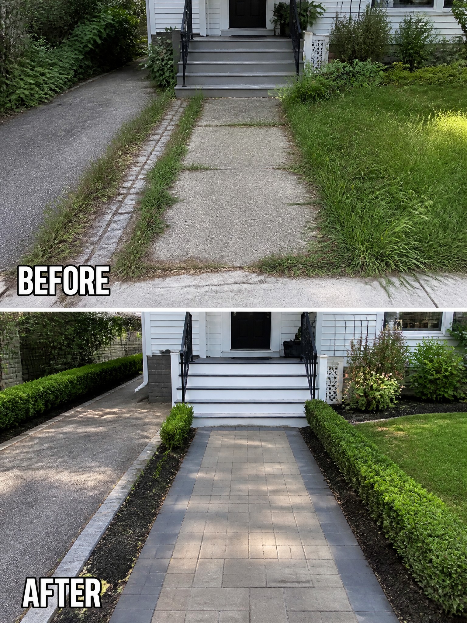Before-and-after house walkway: gravel path upgraded to brick pavers with hedges.