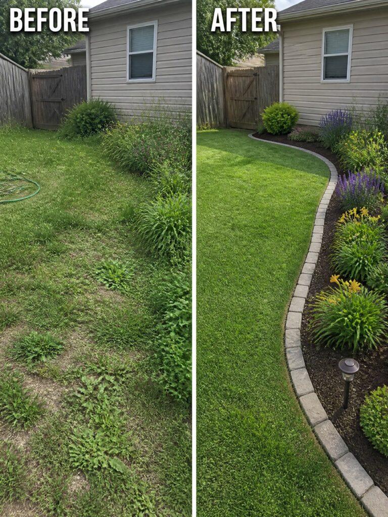 16 Dramatic Overgrown Yard Before and After Ideas for A Fresh Start Before and after backyard: patchy grass transformed into lush lawn with flower beds