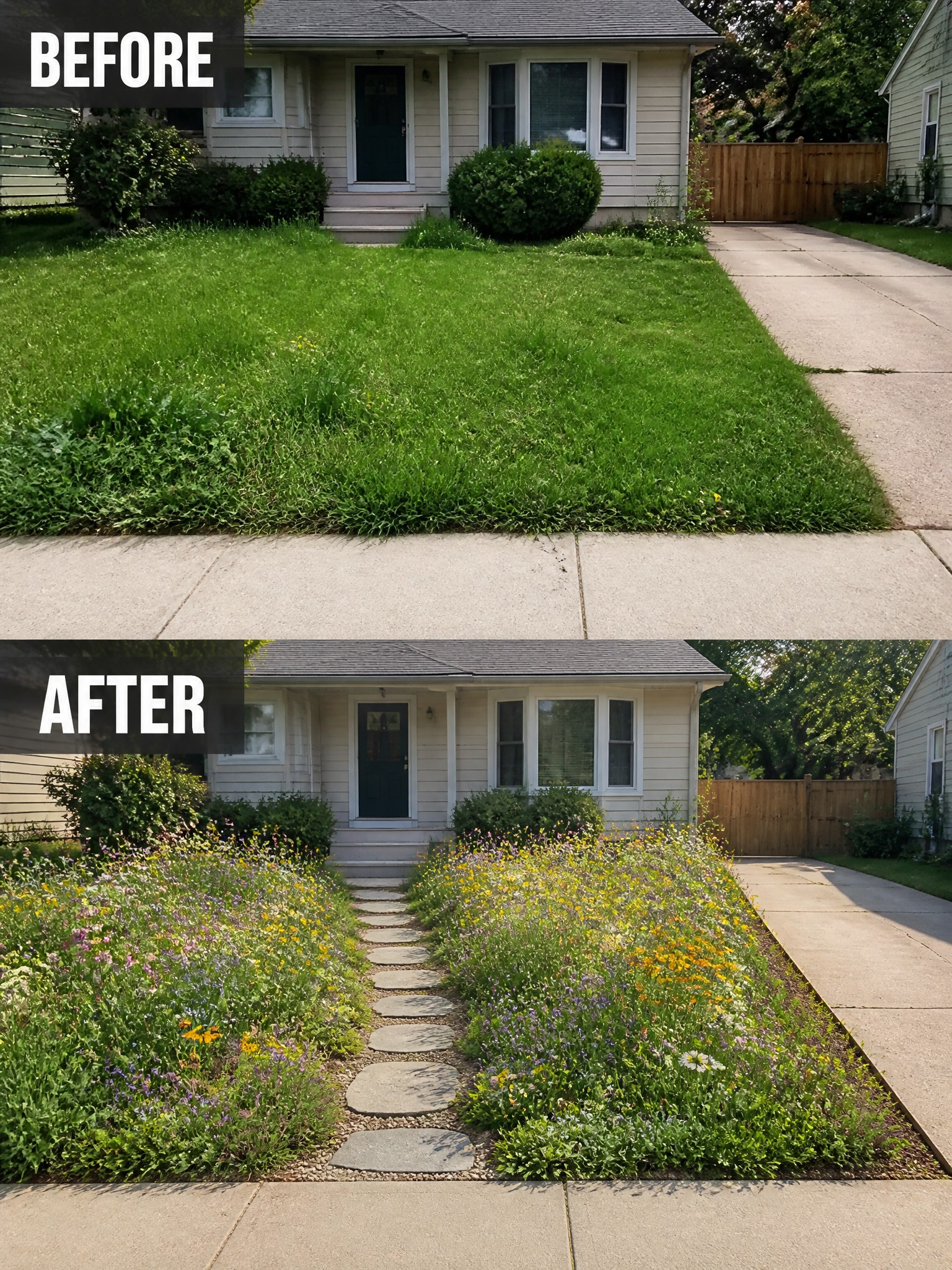 Before and after of house lawn transformed into wildflower garden with stone path.