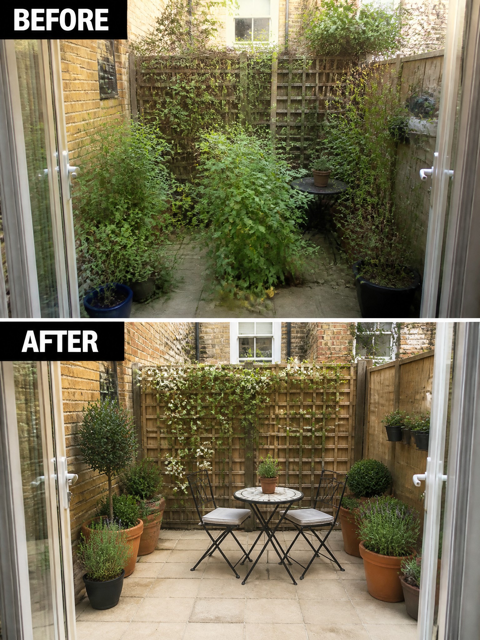Before and after of overgrown patio transformed into neat seating area with potted plants.