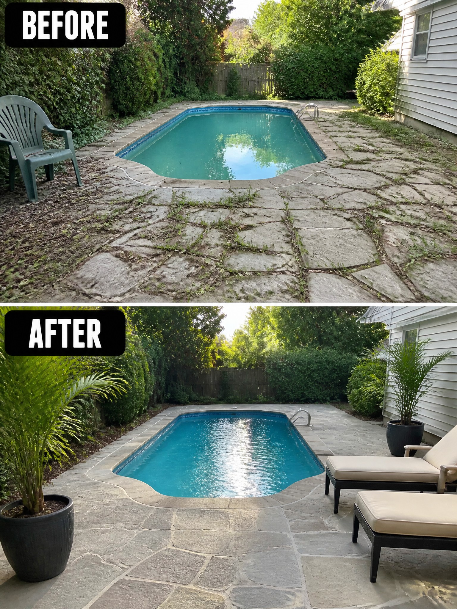 Before-and-after image of an overgrown stone pool patio cleaned up and furnished with lounge chairs and potted plants.