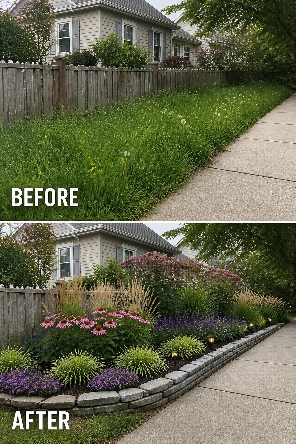 Before and after of overgrown lawn transformed into colorful landscaped garden bed.