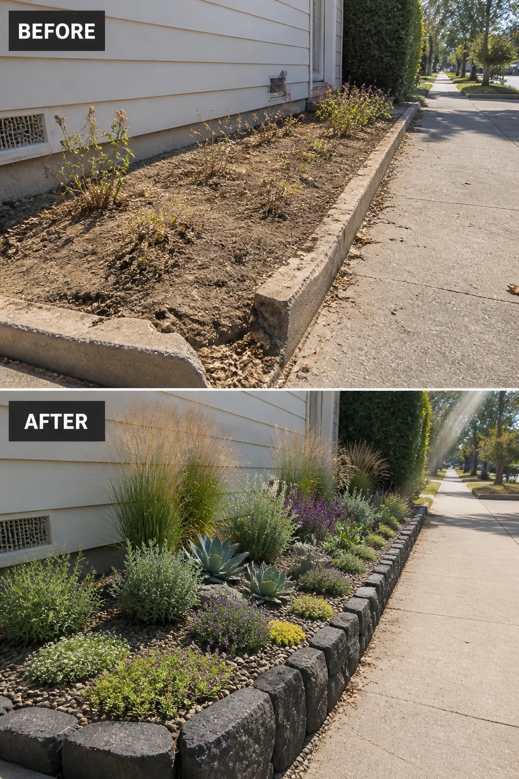 Before-and-after views of a barren garden bed transformed into a lush landscape.