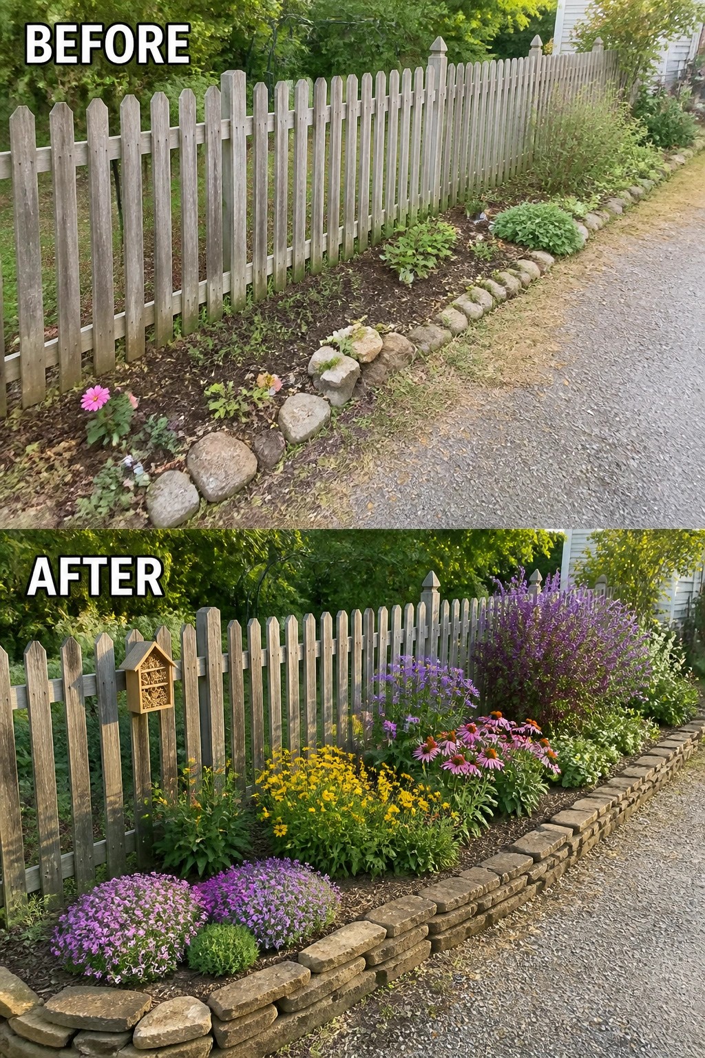 Before and after flower garden along wooden picket fence with colorful blooms and stones.