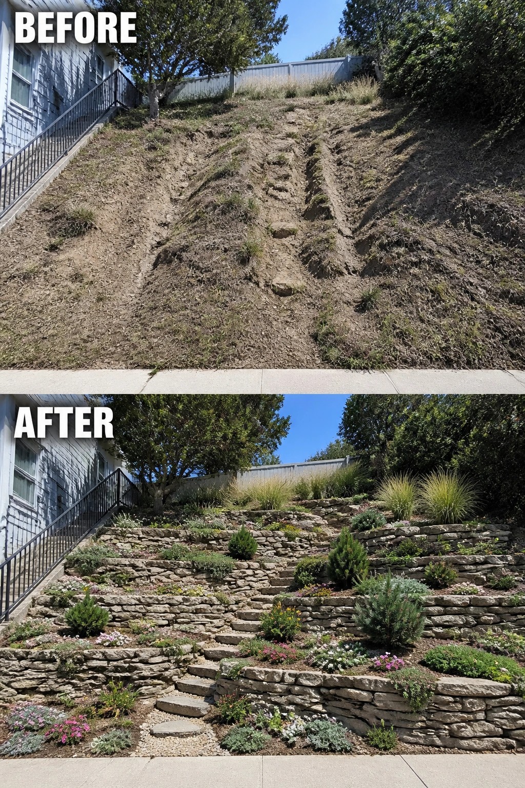 Before and after of barren hillside transformed into stone-terraced garden with colorful plants.