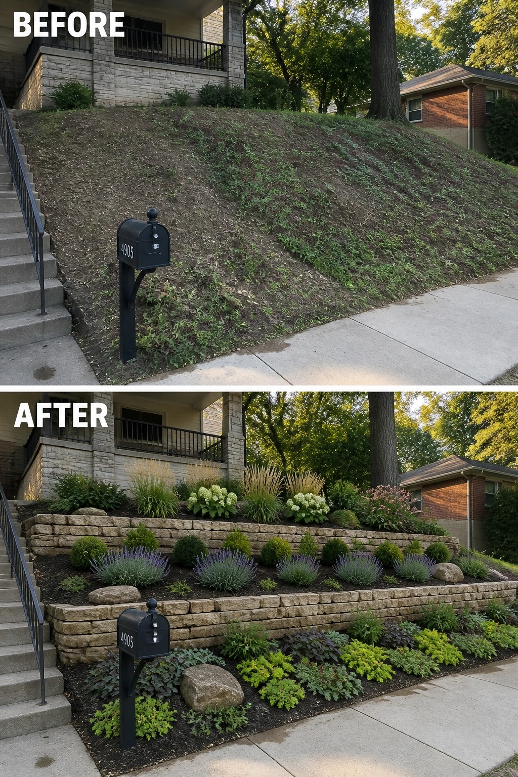 Before and after of weedy slope transformed into terraced garden with stone walls and plants.