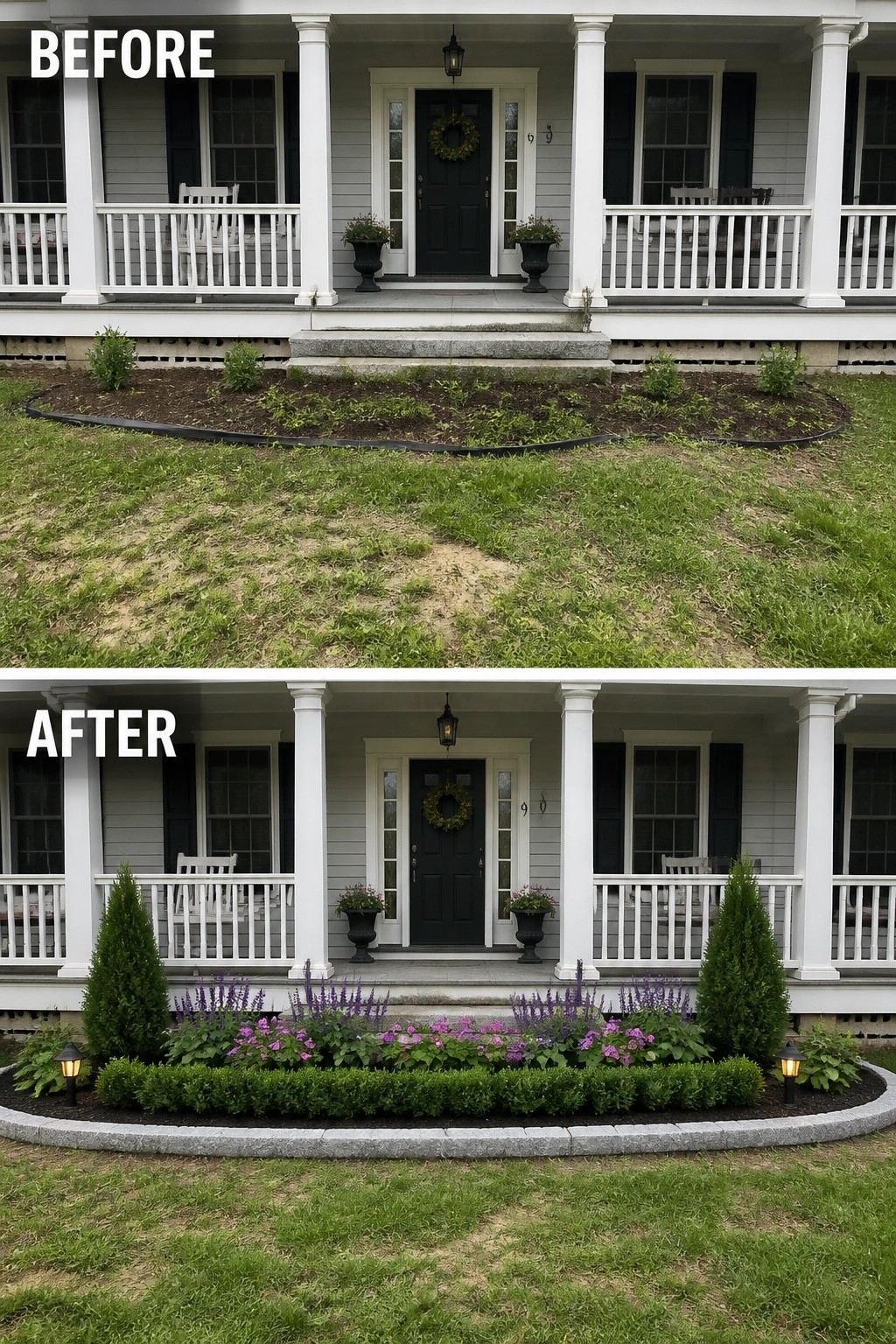 Before-and-after image of a front yard showing an open mulch area changed into a stone-edged flower bed with layered shrubs, perennials, and small lights.
