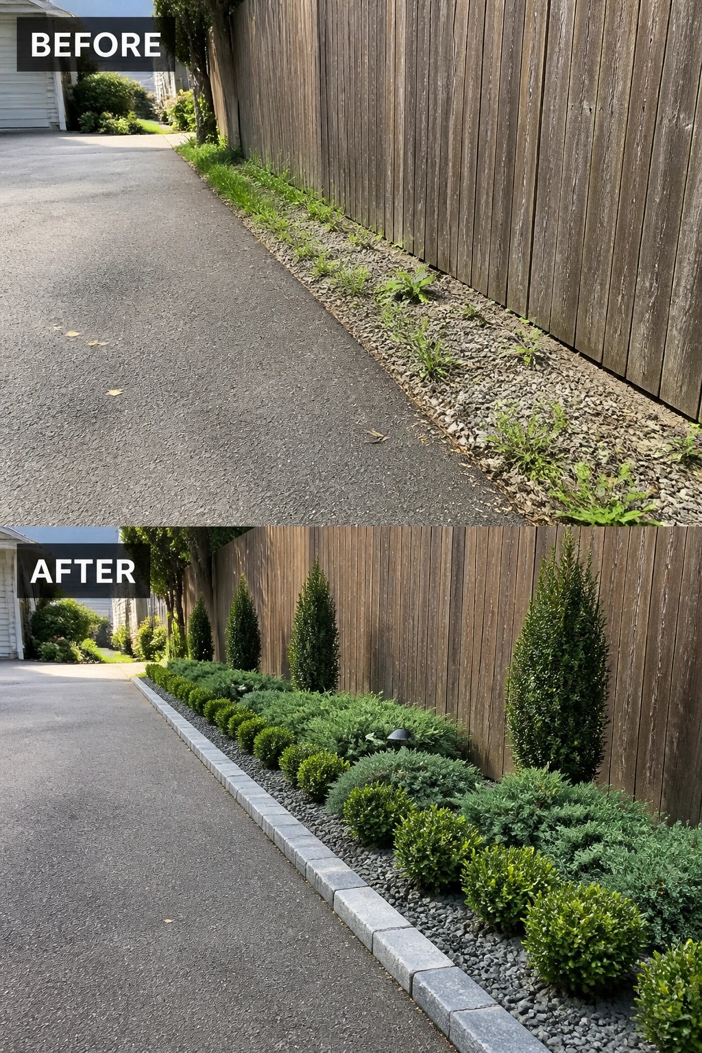 Before-and-after image of a weedy gravel strip along a fence changed into a defined garden bed with stone edging, gravel, and layered shrubs.
