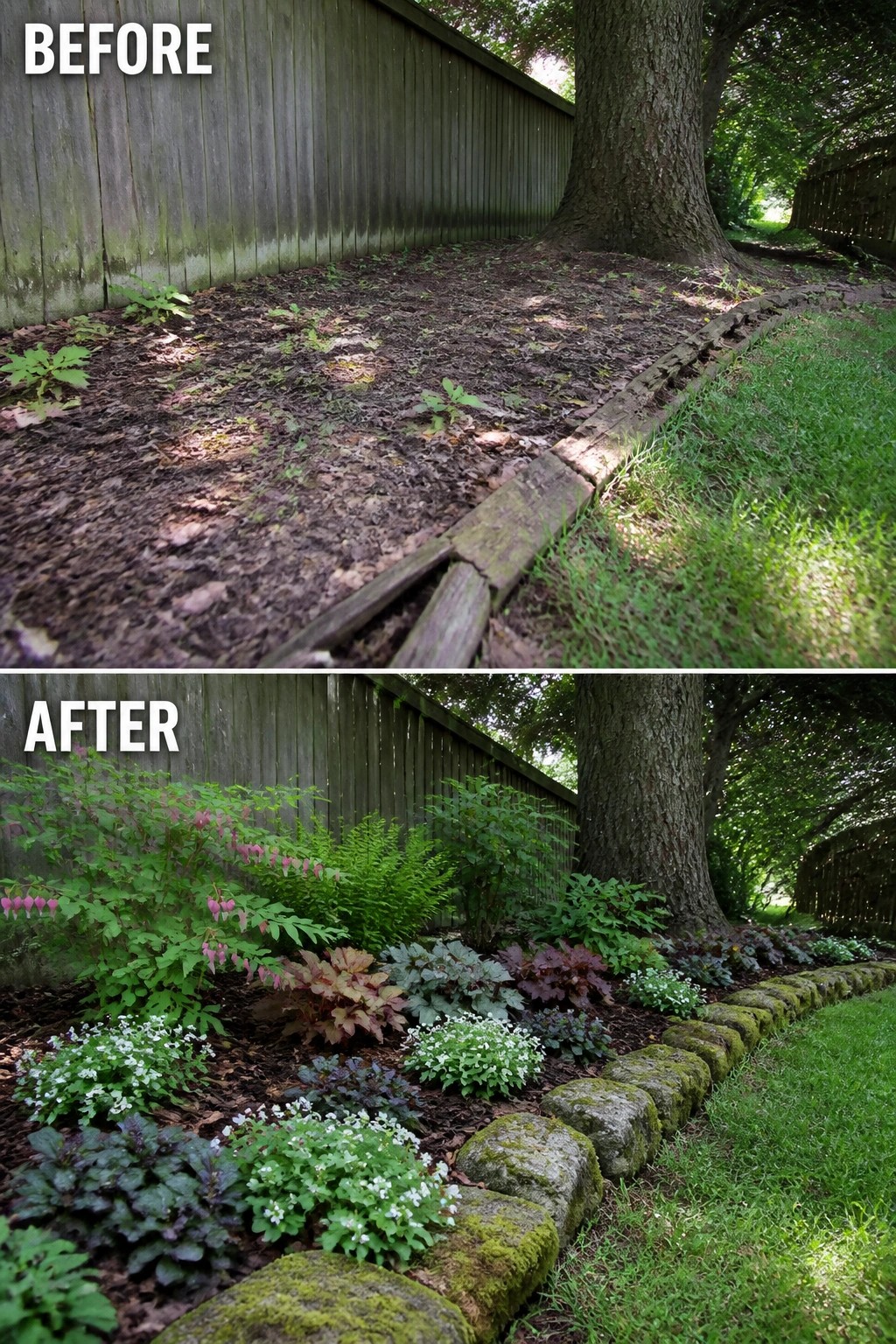 Before-and-after image of an overgrown garden border changed into a neat bed with stone edging and layered plants.