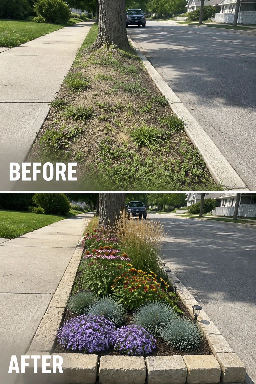 Before-and-after of weedy curb strip transformed into colorful flower garden with stone border.