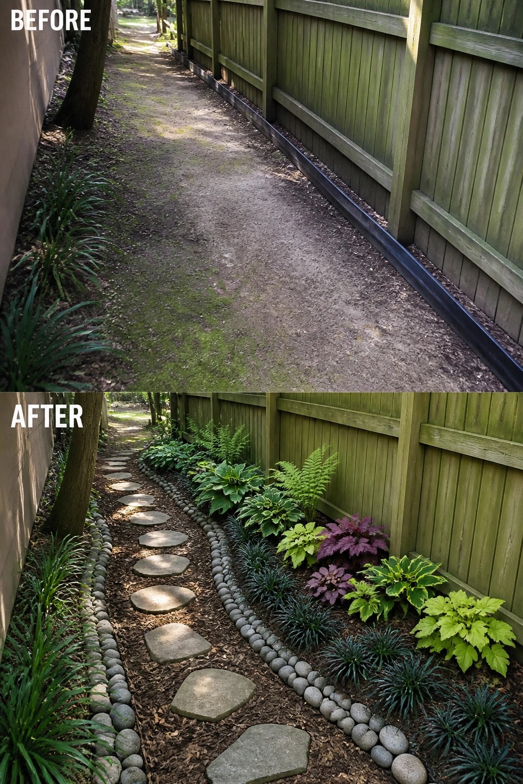 Before-and-after image of a dirt path next to a wooden fence changed with stone edging, stepping stones, and layered garden plants.