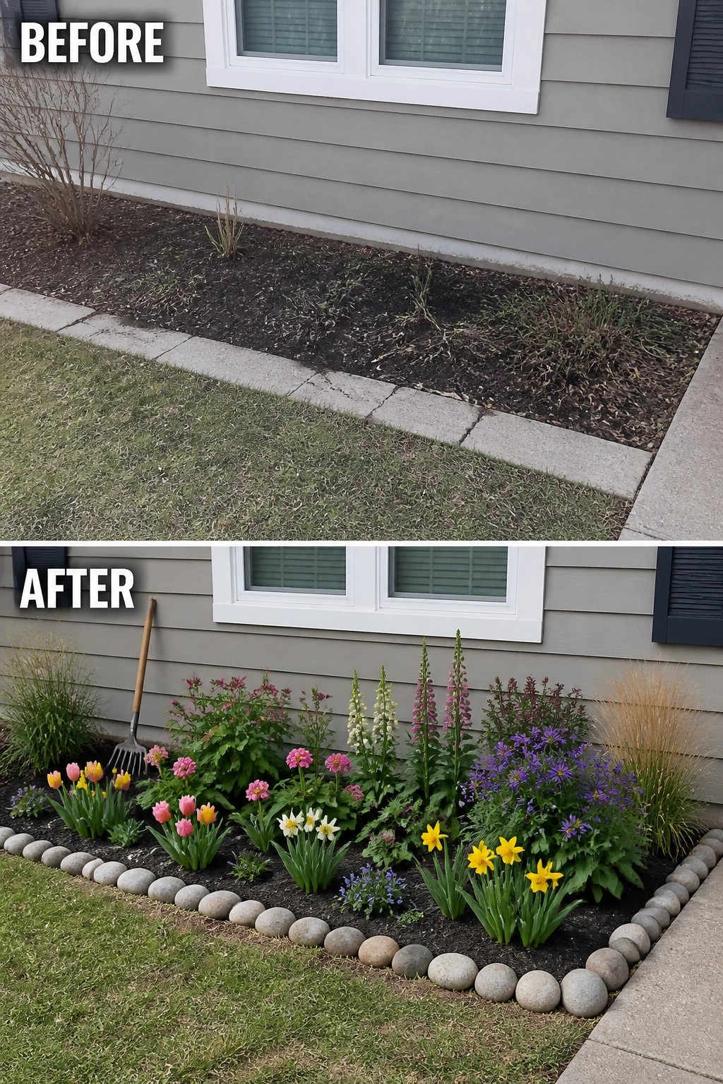 Before-and-after garden bed: sparse mulch transformed into colorful flower border by house.