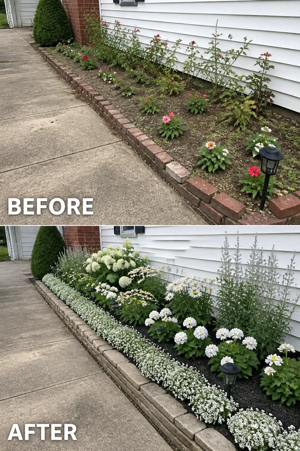 Before-and-after image of an overgrown flower bed next to a house walkway changed into a neat border with stone edging, dark mulch, and layered white flowers.