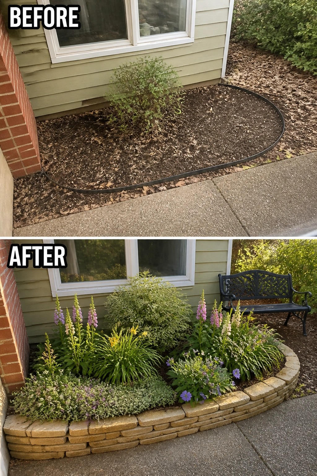 Before and after of mulched garden bed transformed into colorful flower garden with bench