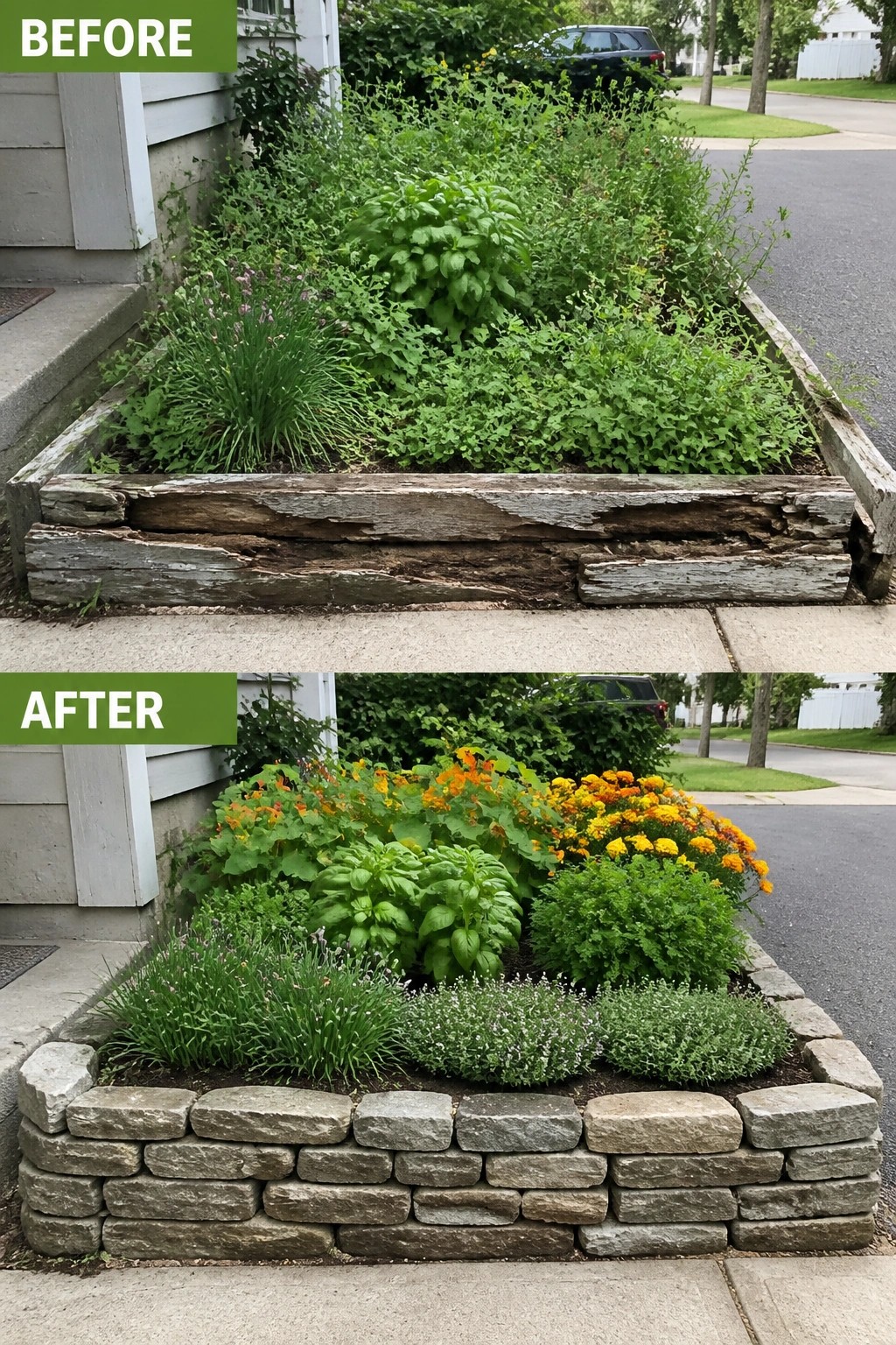 Before-and-after image of an overgrown flower bed with wooden edging changed to a neat bed with stacked stone edging and layered plants.