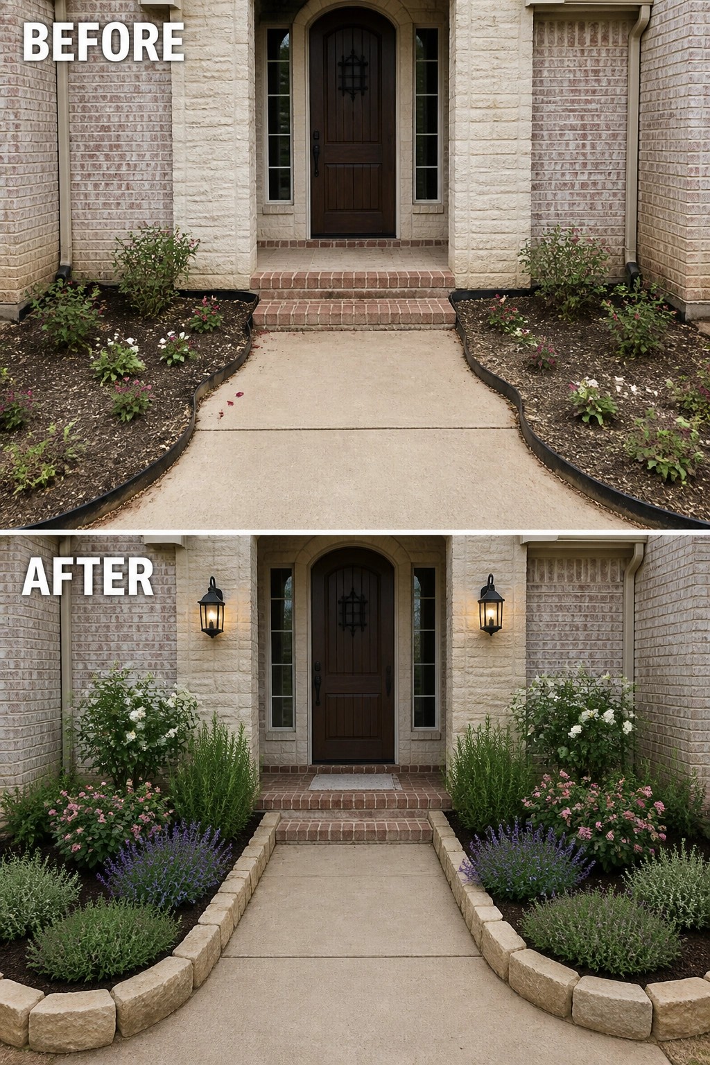 Before and after of brick house entrance with new flower beds, lights and stone borders