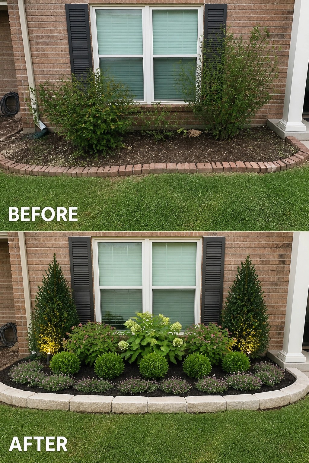 Before-and-after image of a front flower bed changed from an overgrown look with loose brick edging to a clean stone border with layered plants and mulch.