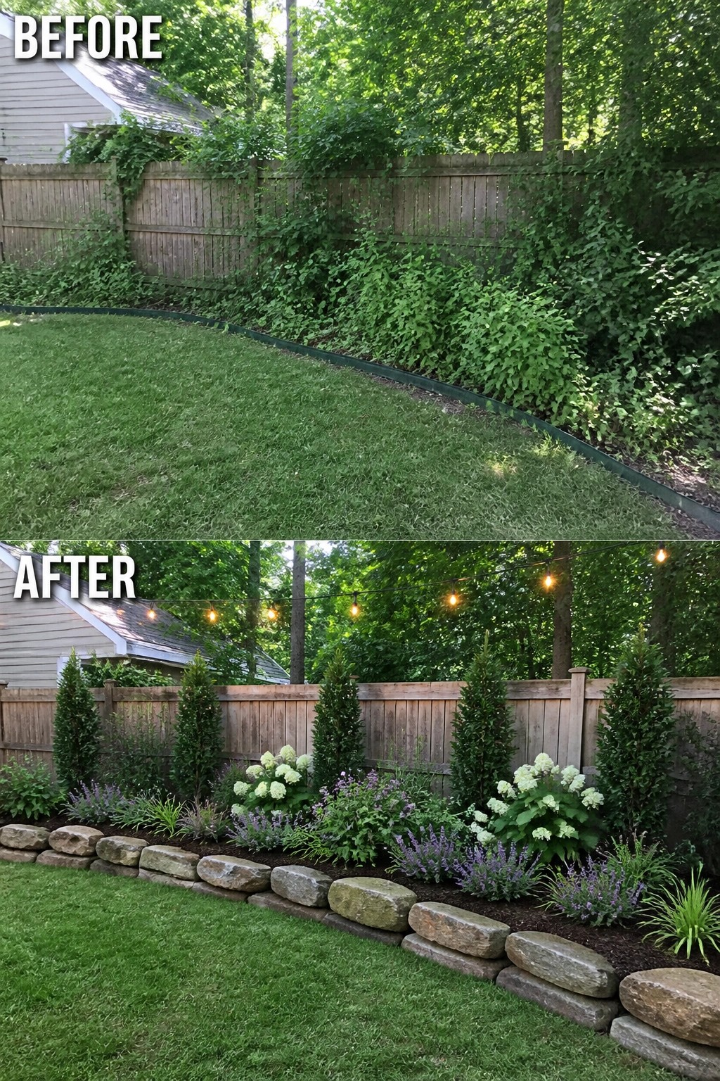 Before-and-after image of an overgrown fence line changed into a landscaped garden bed with stone edging and layered plants.