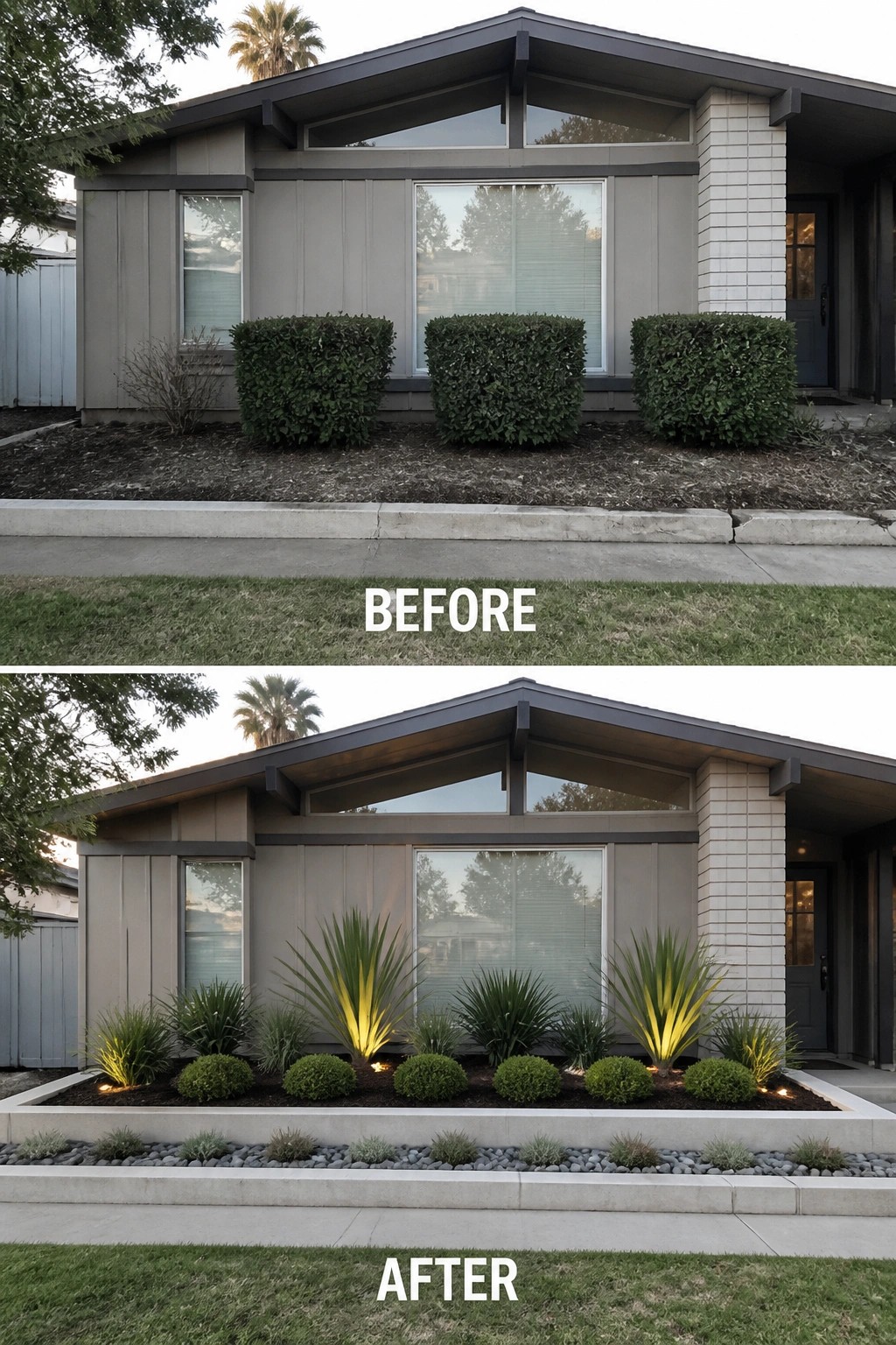 Before-and-after house exterior showing updated front yard with spiky plants, lights, and rocks