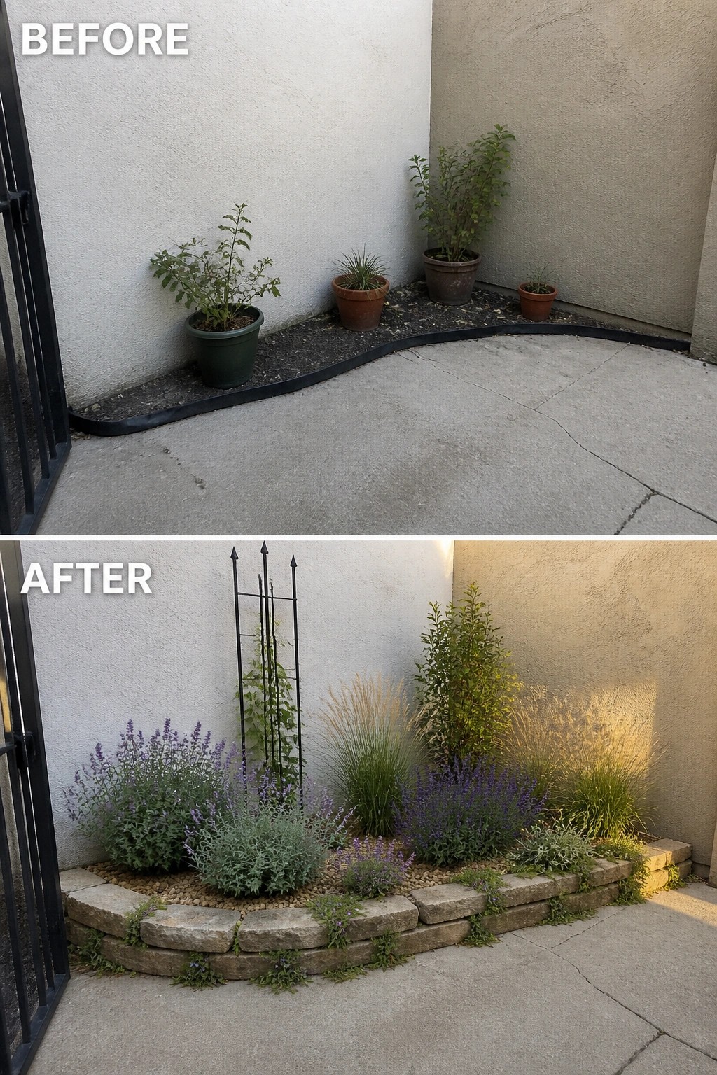Before and after of corner garden with potted plants transformed into landscaped bed with stones and trellis.