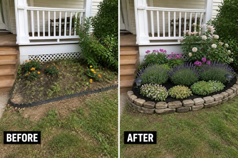 23 Elegant Flower Bed Remodel Ideas With Stone Edging and Layered Plants Before-and-after garden bed transformation with flowers, lavender, roses and stone border.