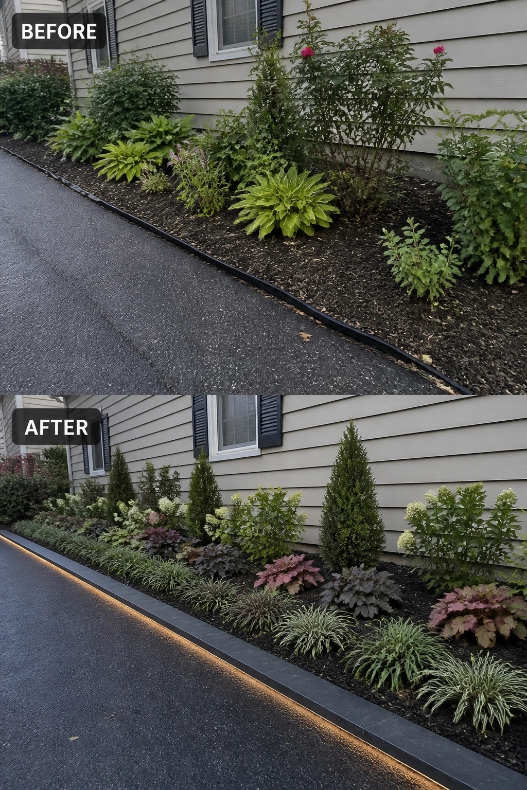 Before and after house garden bed with new plants, trees and LED edging lights