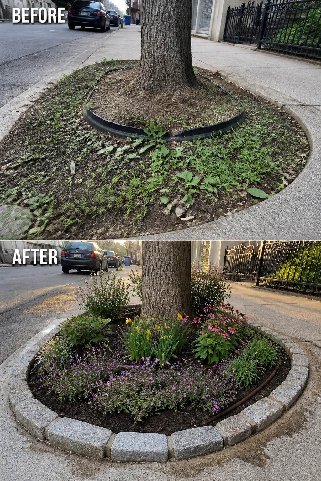 Before-and-after image of a weedy tree bed transformed into a planted flower bed with stone edging.