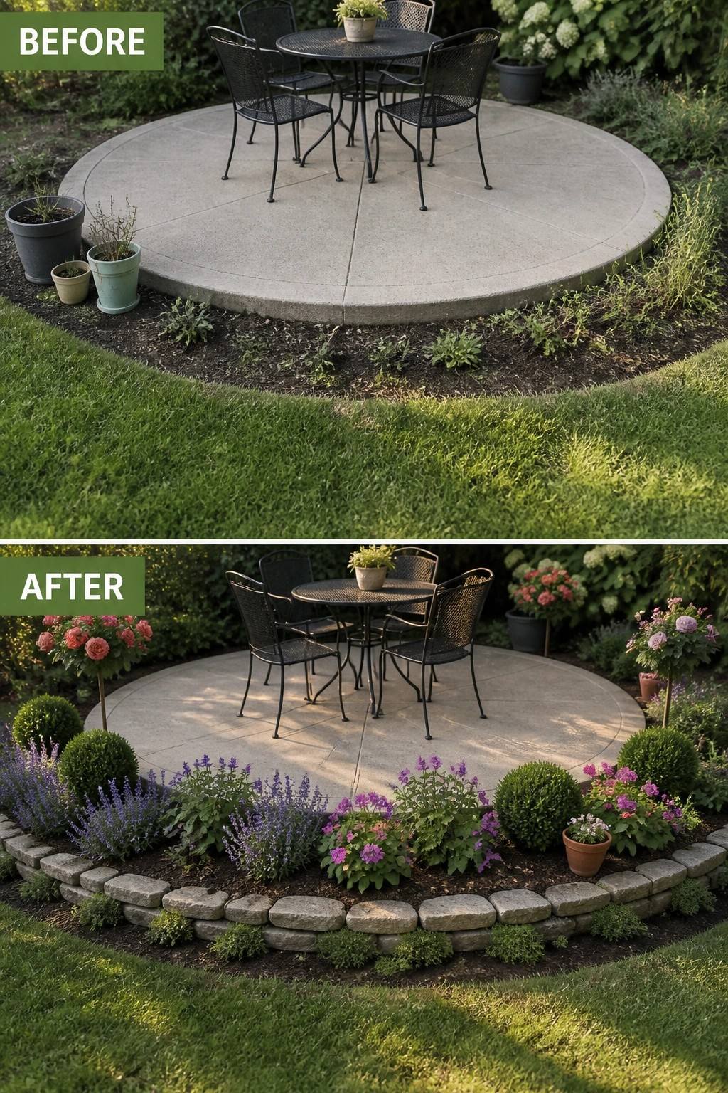 Before-and-after image of a concrete patio circle changed from a bare dirt edge to a defined space with stone edging and layered flower beds.