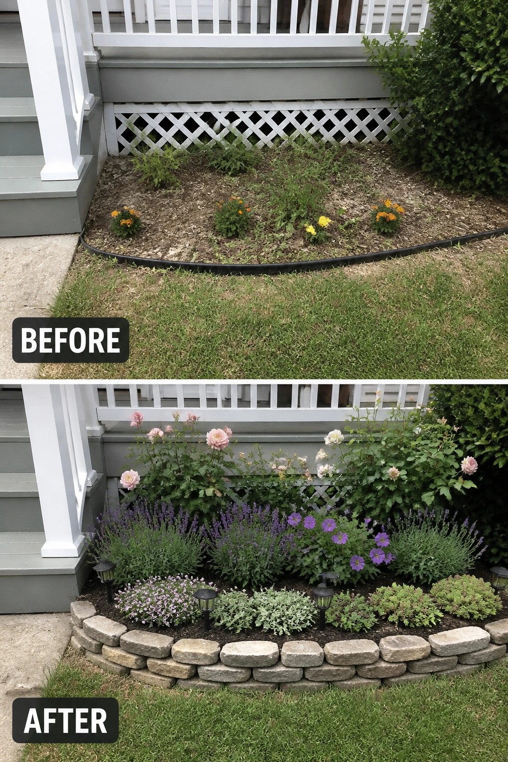 Before-and-after garden bed transformation with flowers, lavender, roses and stone border.