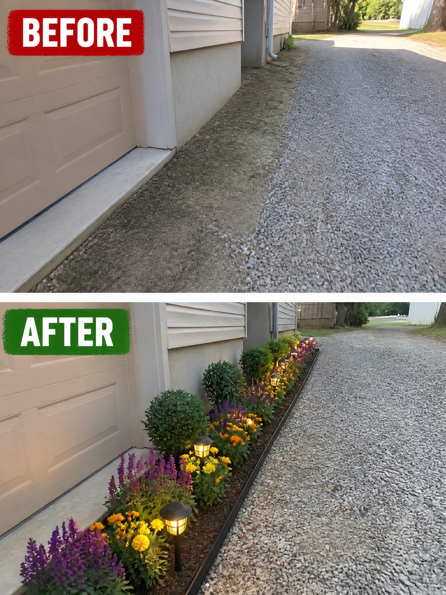 Before-and-after image of a bare dirt strip beside a garage and gravel driveway changed into a mulched flower bed with edging, shrubs, flowers, and solar lights.