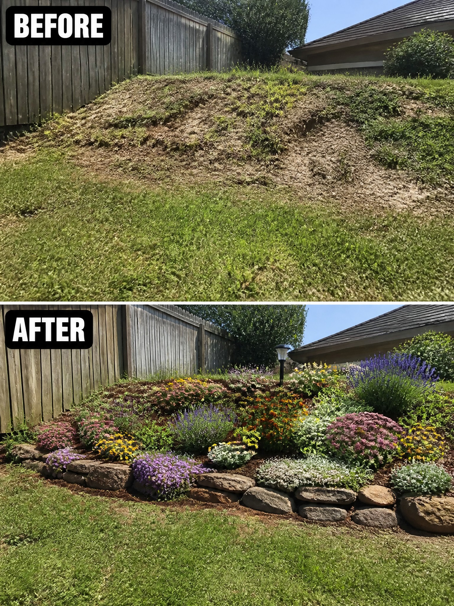 Before and after of patchy slope transformed into colorful rock-bordered flower garden