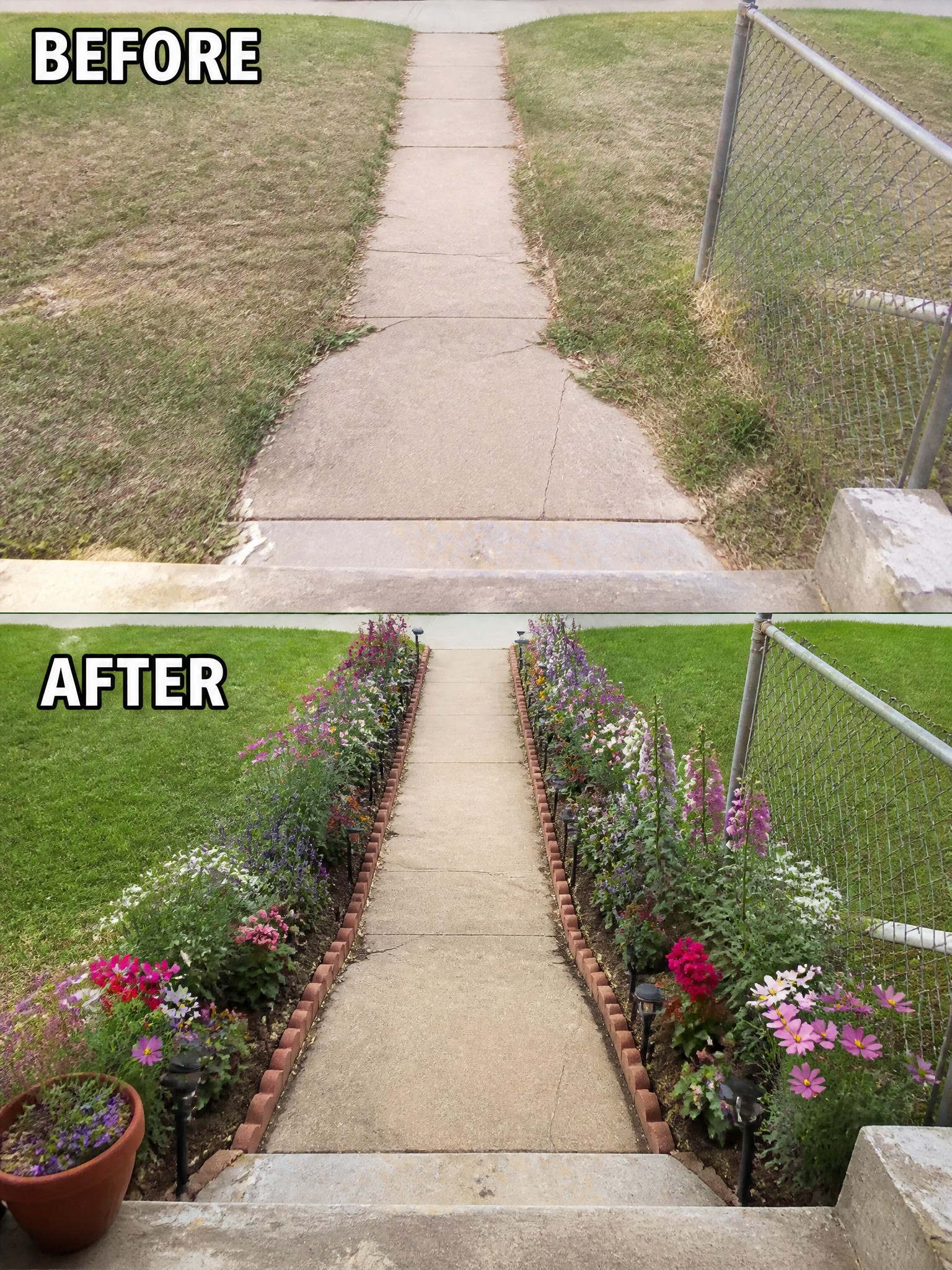 Before and after of plain concrete path transformed by colorful flower beds and brick borders.