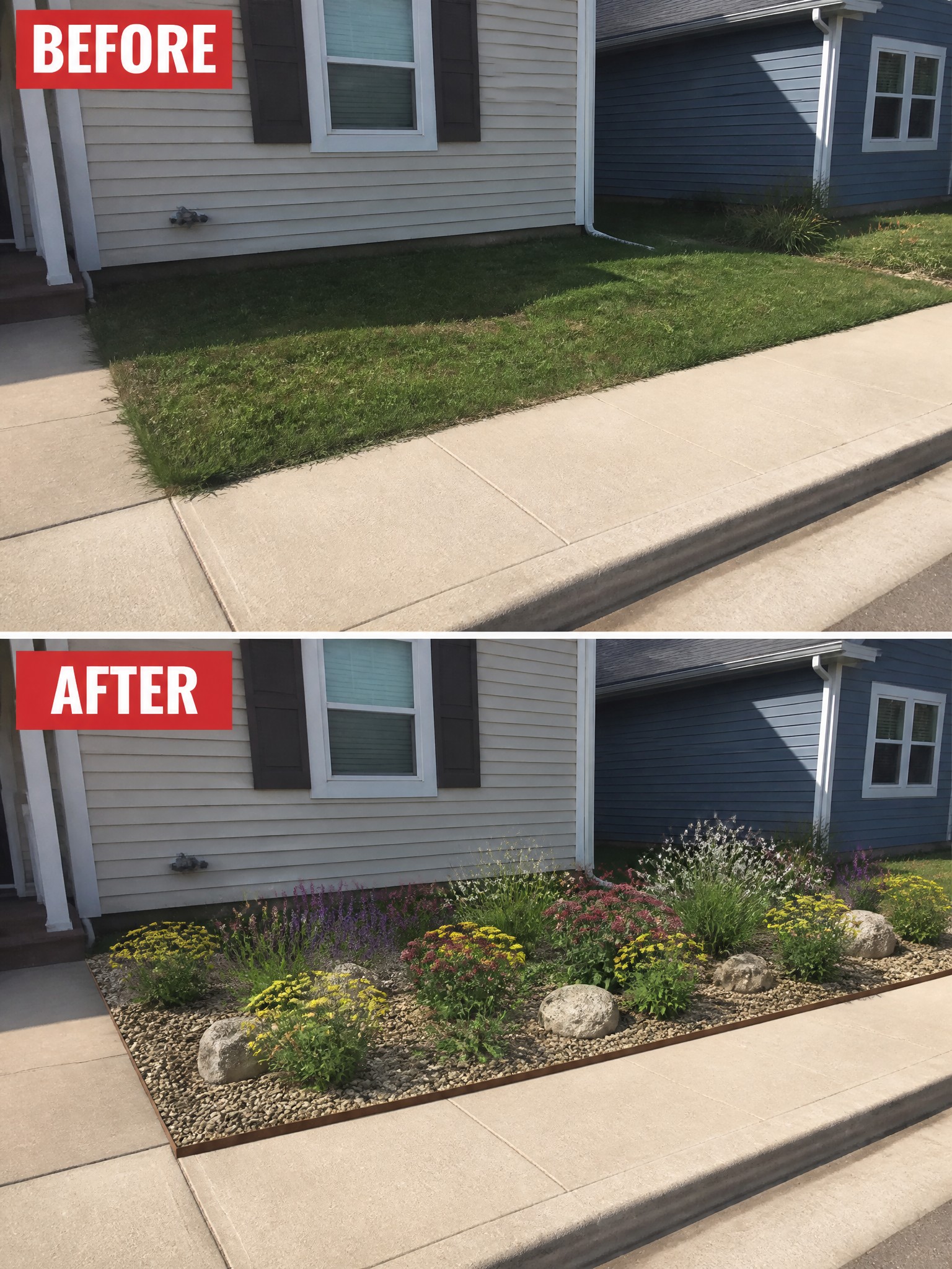 Before-and-after photos of plain lawn transformed into colorful gravel flower garden bed