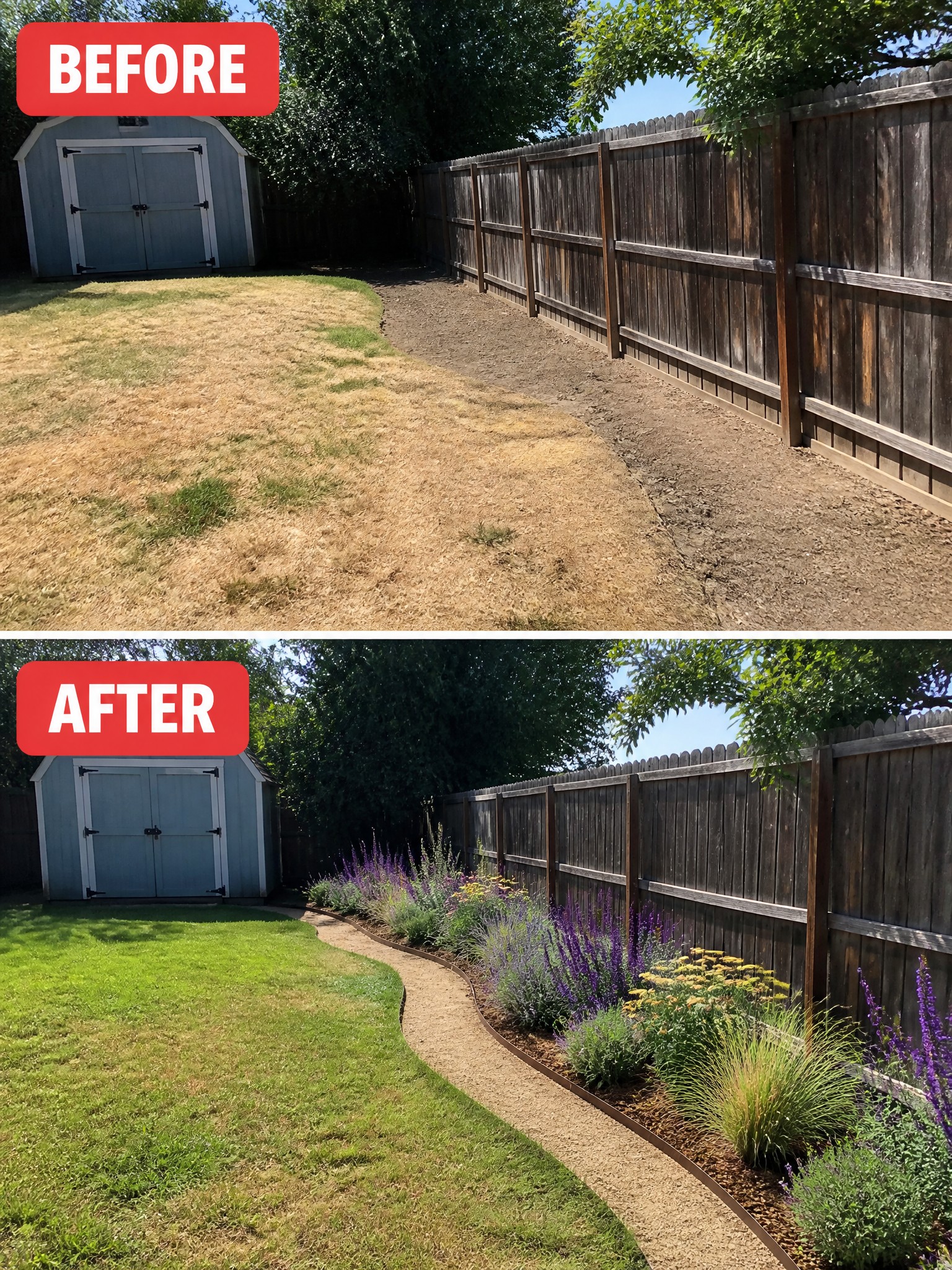 Before-and-after image of a patchy backyard with a dirt path changed by adding a curved garden border with flowers and a defined gravel path.
