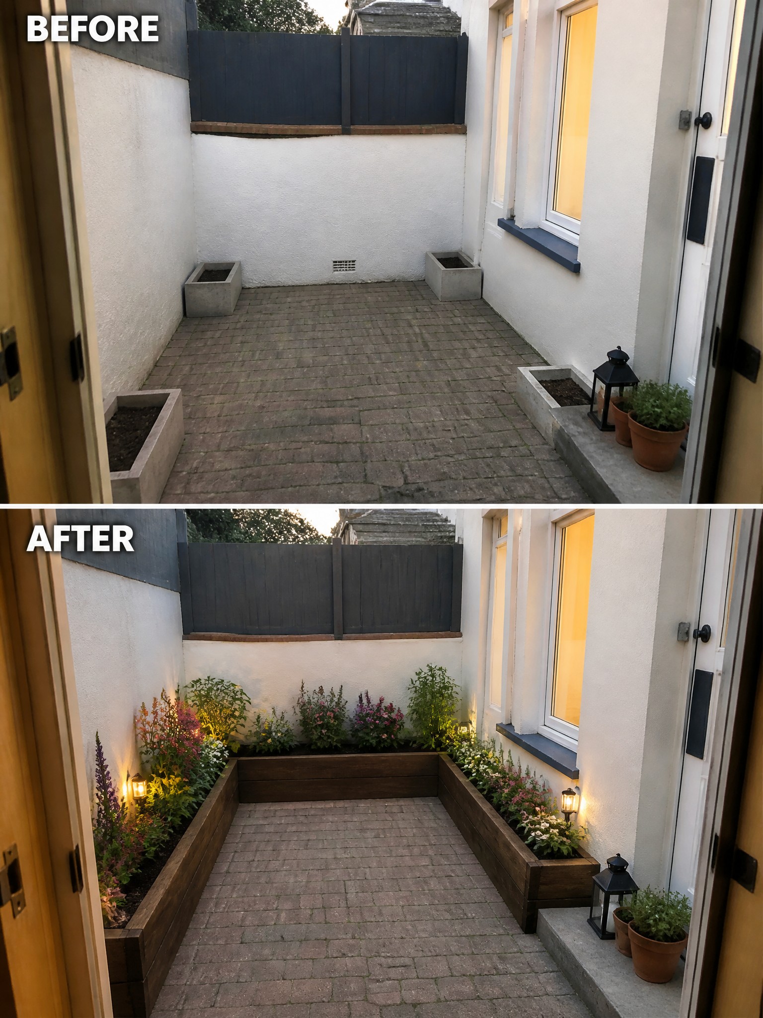 Before and after of paved courtyard with new wooden planters and lights.