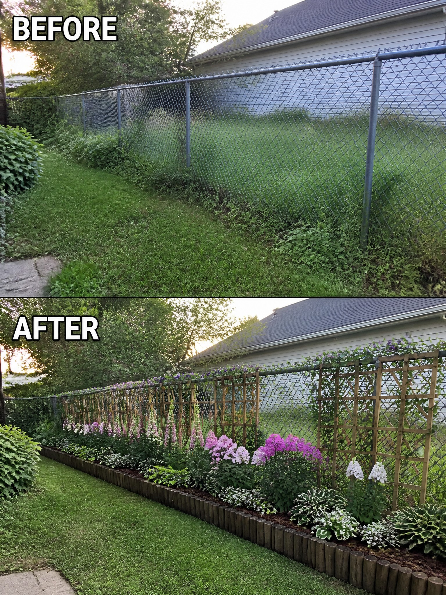 Before and after of overgrown fence line turned into blooming garden with trellises and edging.