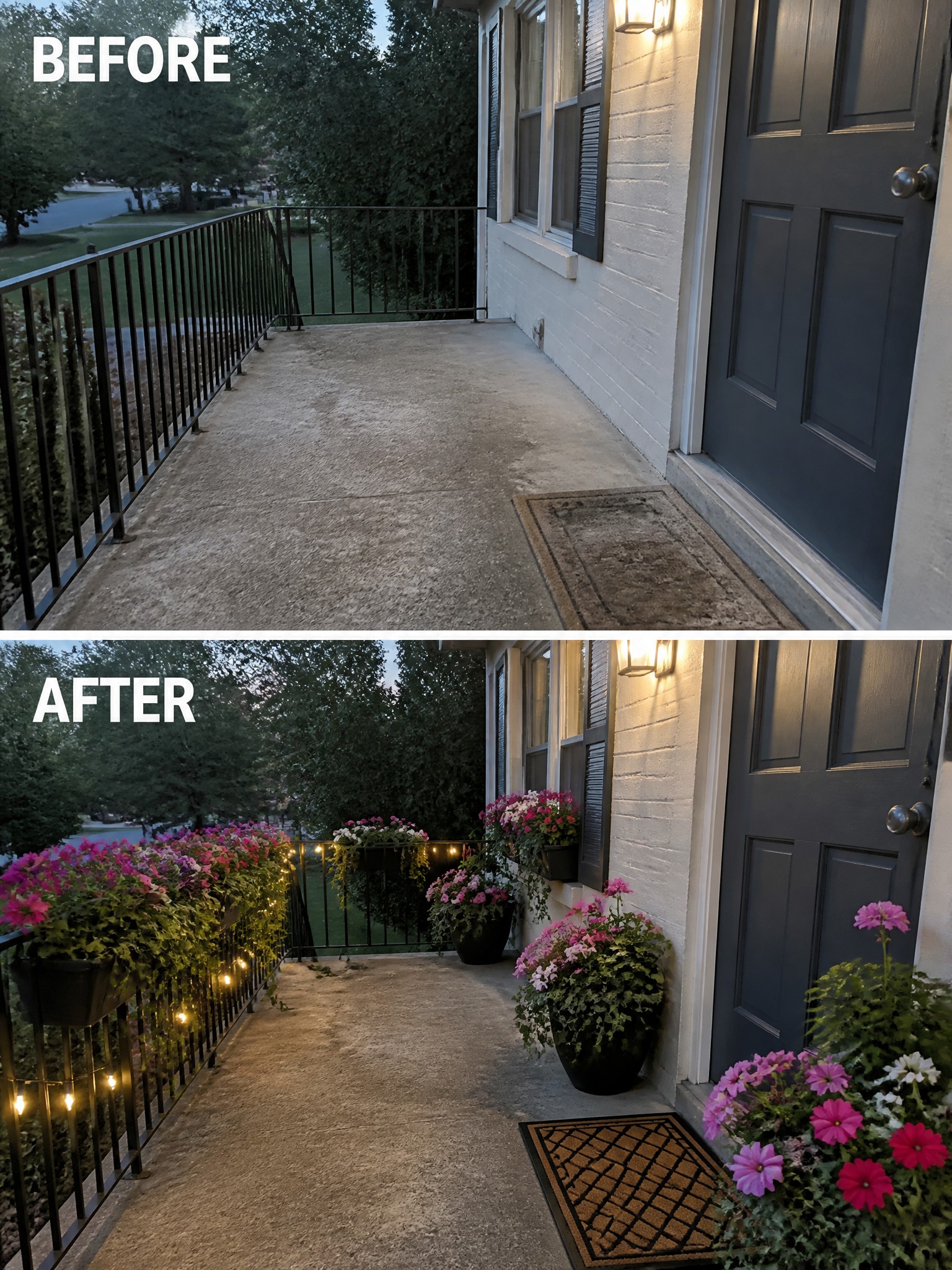 Before-and-after image of a bare concrete porch updated with potted flowers along the railing, string lights, and a new doormat.